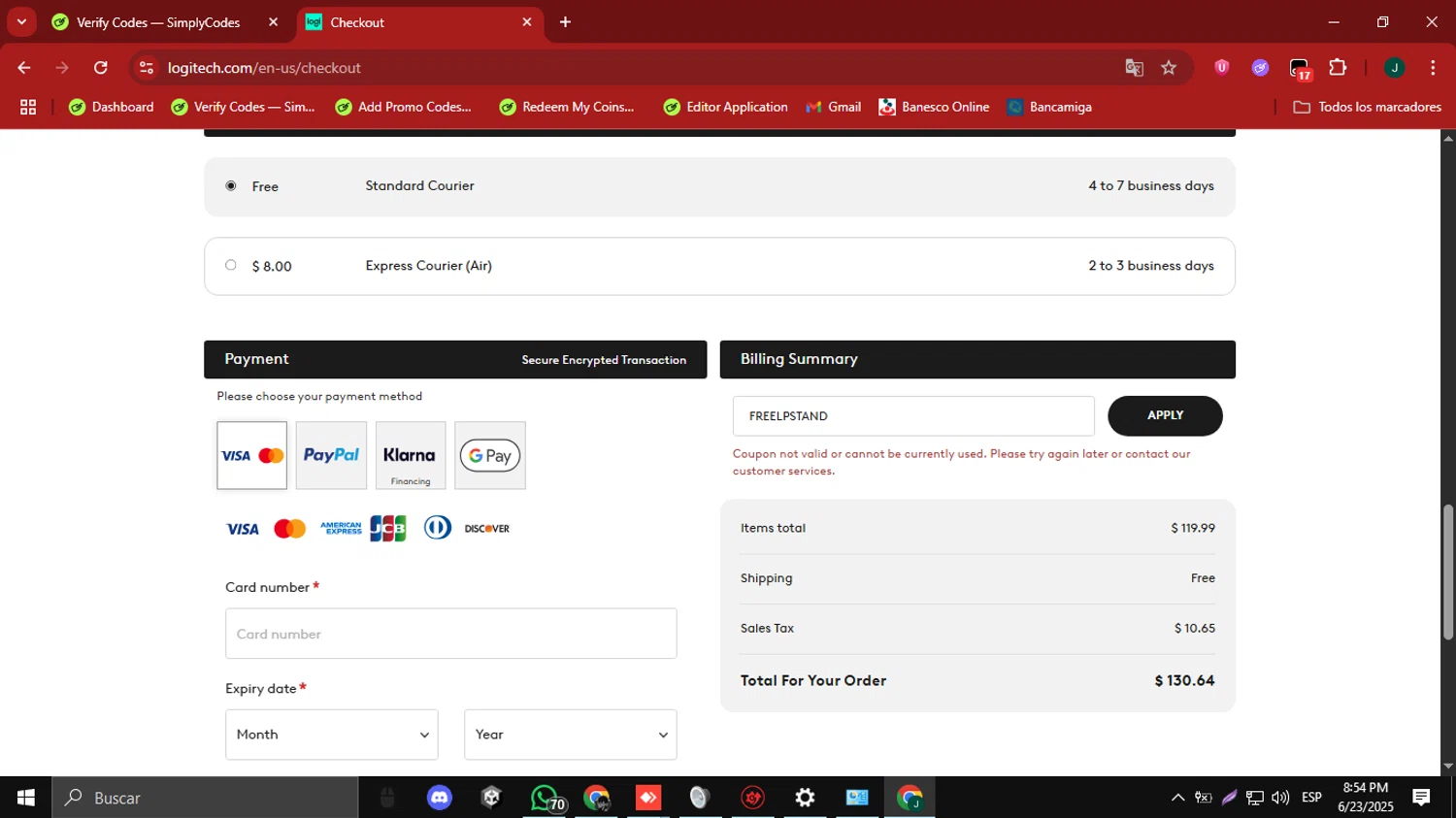 Logitech promo code screenshot showing code FREELPSTAND applied at Logitech checkout page. Uploaded by SimplyCodes community member SilverAdmiral2559 on Jun 24, 2025