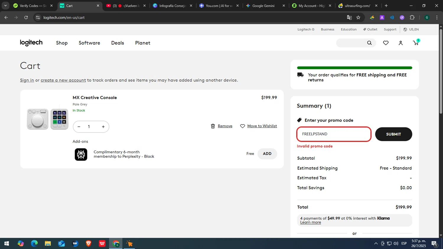 Logitech promo code screenshot showing code FREELPSTAND applied at Logitech checkout page. Uploaded by SimplyCodes community member yasabesssss on Jul 26, 2025