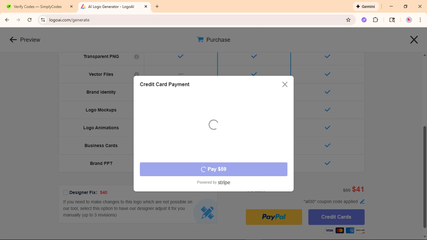 LogoAI checkout page showing LogoAI promo code box | Screenshot taken by SimplyCodes community member on Jan 25, 2026