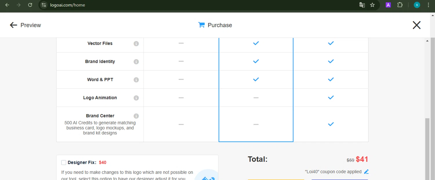 LogoAI promo code screenshot showing code Loi40 applied at LogoAI checkout page. Uploaded by SimplyCodes community member ValiantChaser7723 on Jan 14, 2025