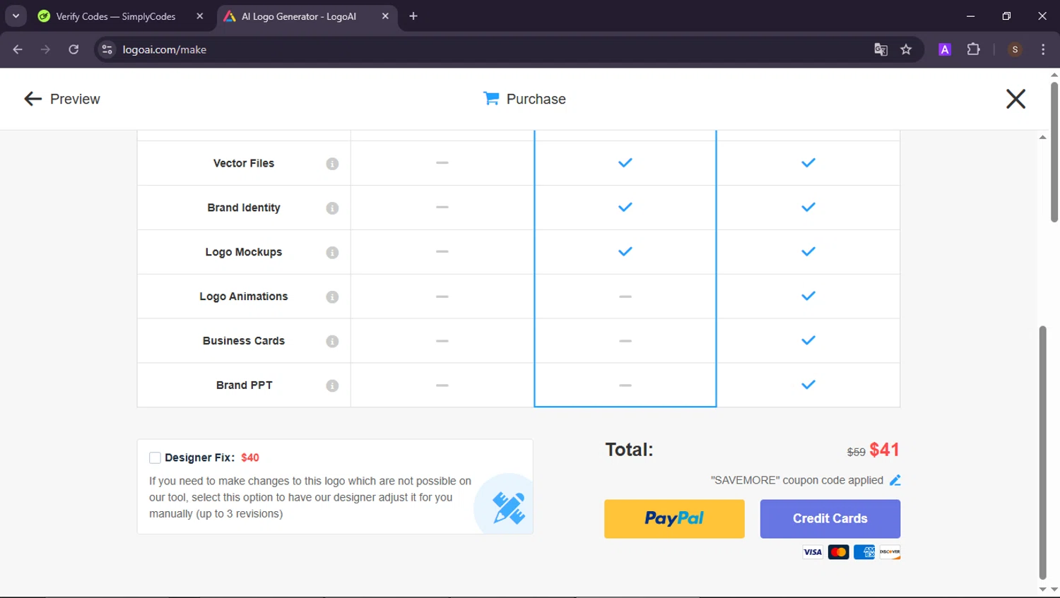 LogoAI promo code screenshot showing code SAVEMORE applied at LogoAI checkout page. Uploaded by SimplyCodes community member ShieldAdmiral2781 on Jun 10, 2025