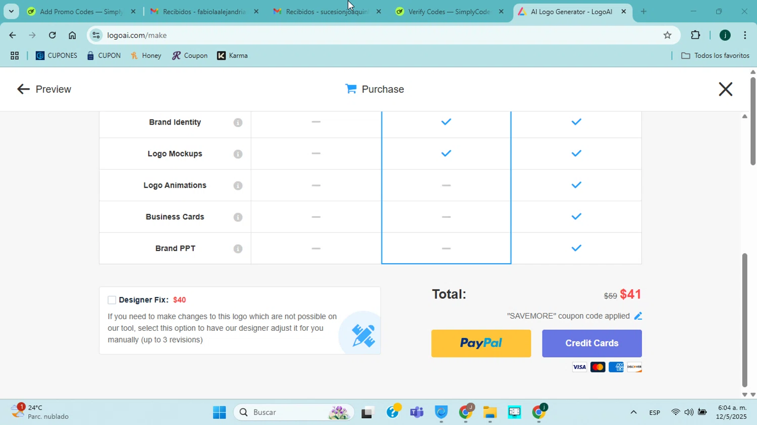 LogoAI promo code screenshot showing code SAVEMORE applied at LogoAI checkout page. Uploaded by SimplyCodes community member jorgejavierherrera on May 12, 2025