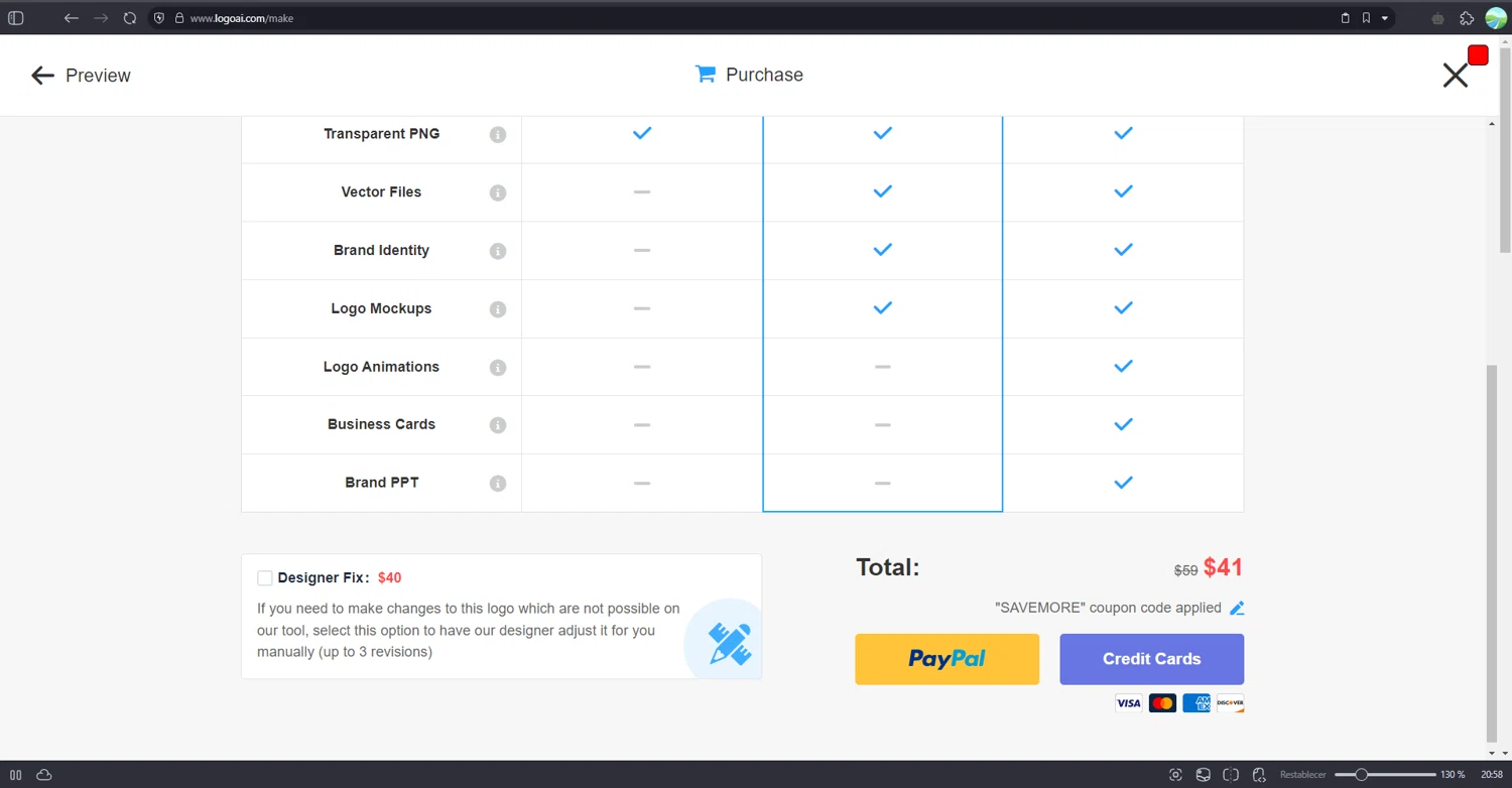 LogoAI promo code screenshot showing code SAVEMORE applied at LogoAI checkout page. Uploaded by SimplyCodes community member luffyreturn on Mar 15, 2025