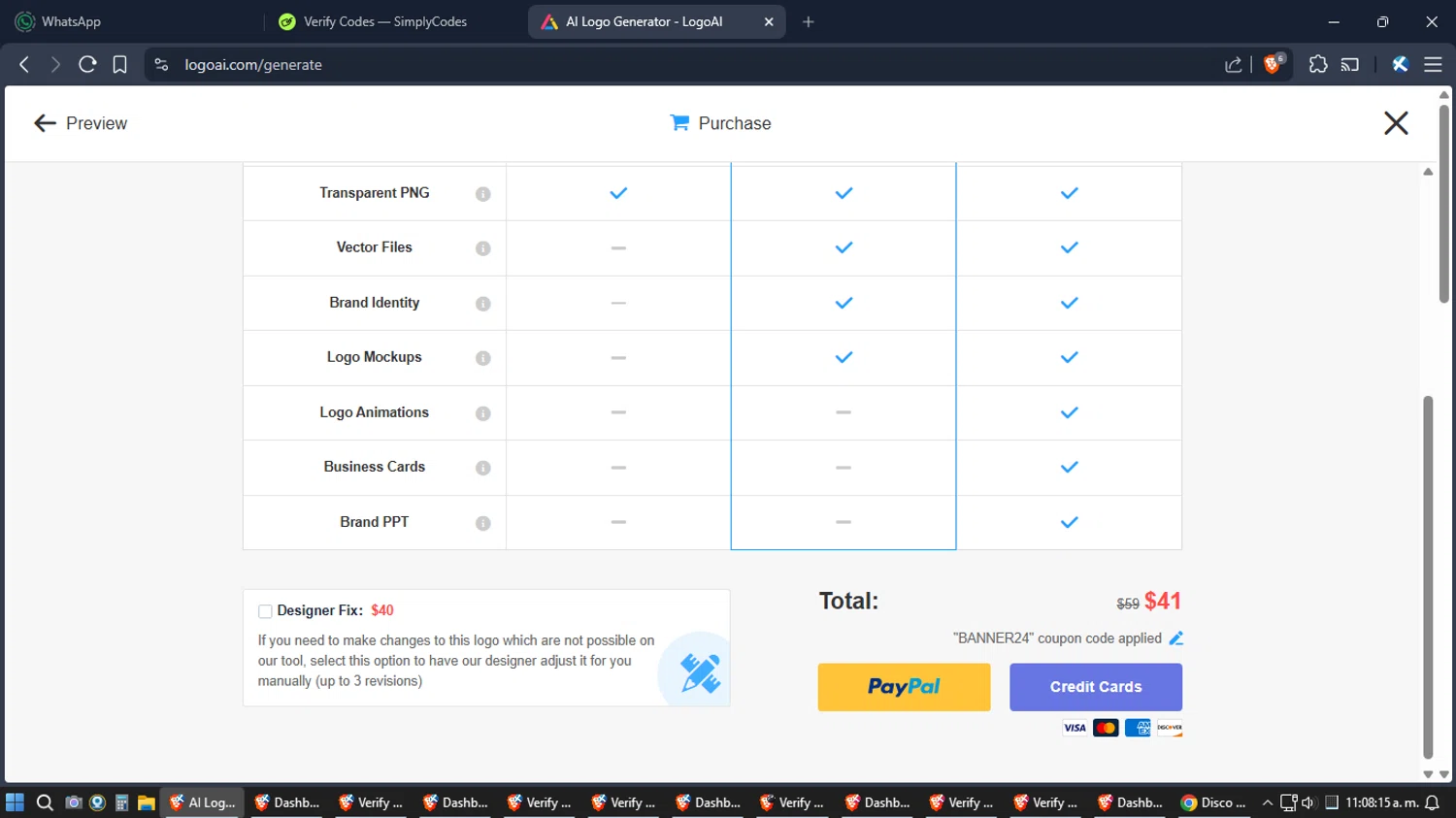 LogoAI checkout page showing LogoAI promo code box | Screenshot taken by SimplyCodes community member on Feb 9, 2026