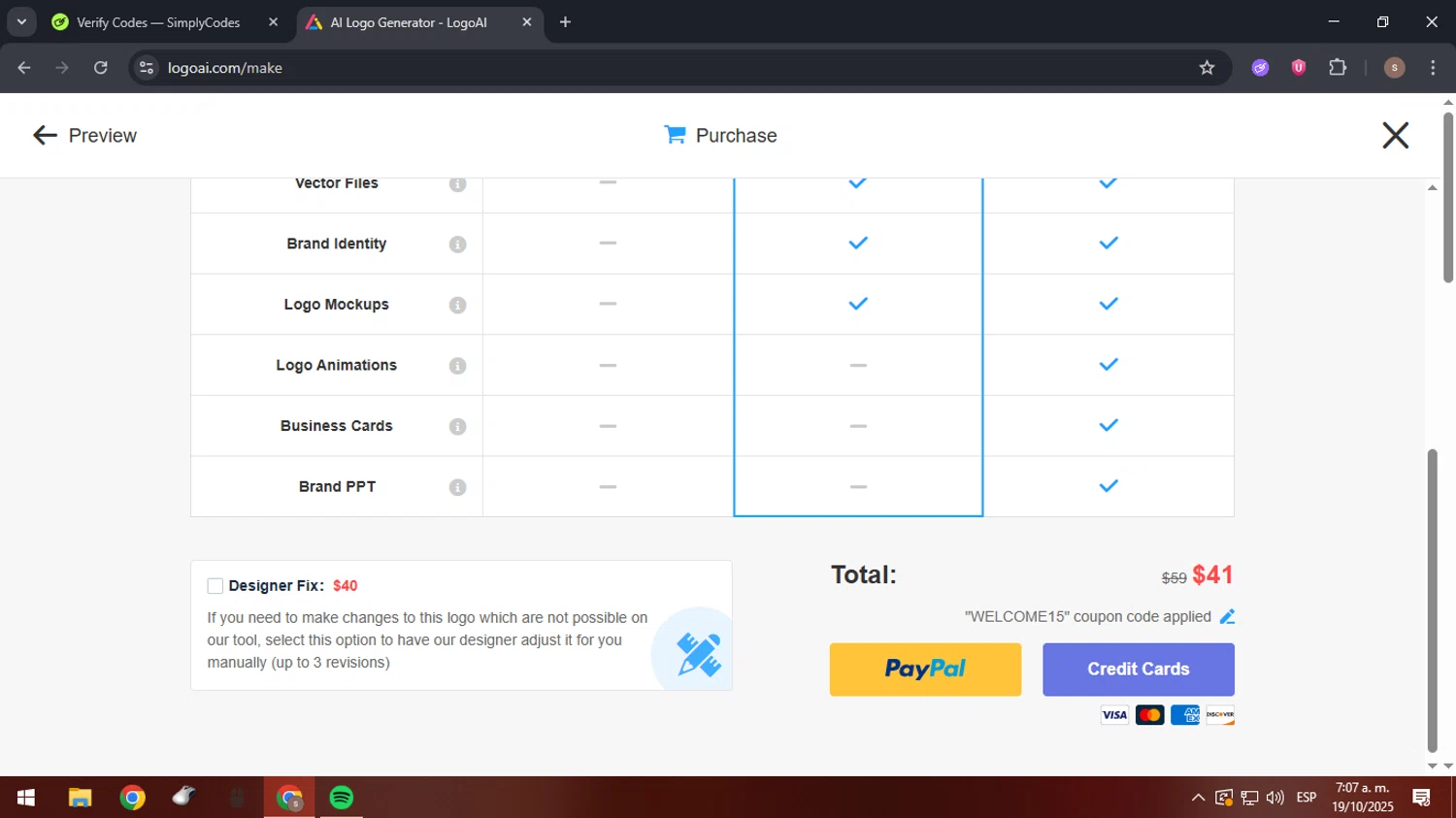 LogoAI promo code screenshot showing code WELCOME15 applied at LogoAI checkout page. Uploaded by SimplyCodes community member 61664350 on Oct 19, 2025