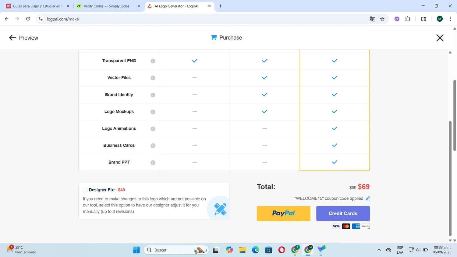 LogoAI promo code screenshot showing code WELCOME15 applied at LogoAI checkout page. Uploaded by SimplyCodes community member Tortu_1 on Sep 6, 2025