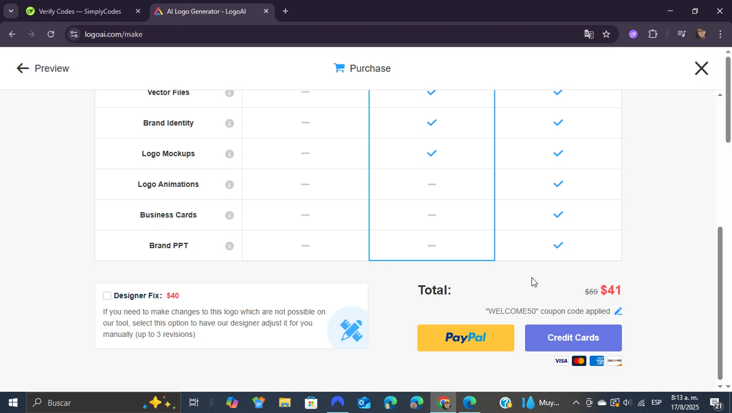 LogoAI promo code screenshot showing code WELCOME50 applied at LogoAI checkout page. Uploaded by SimplyCodes community member ShieldEagle9436 on Aug 17, 2025
