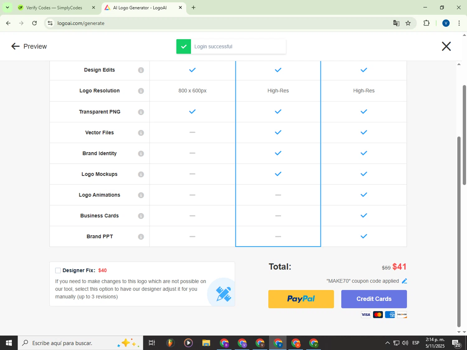 LogoAI promo code screenshot showing code MAKE70 applied at LogoAI checkout page. Uploaded by SimplyCodes community member Garou_Y2K on Nov 5, 2025