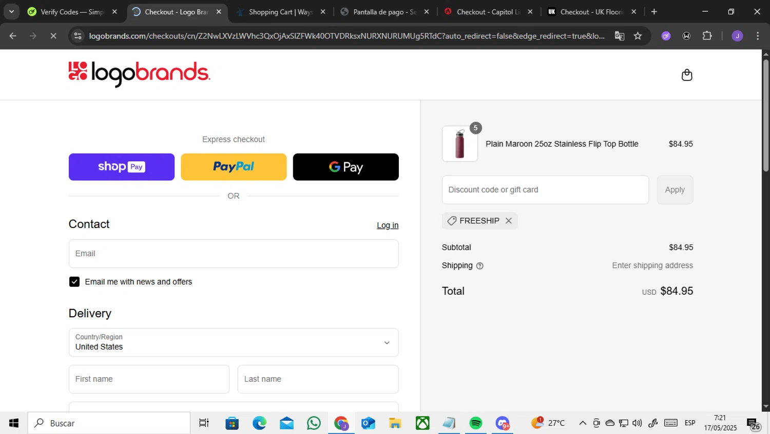 Logo Brands promo code screenshot showing code FREESHIP applied at Logo Brands checkout page. Uploaded by SimplyCodes community member ENCARAMESSI on May 17, 2025