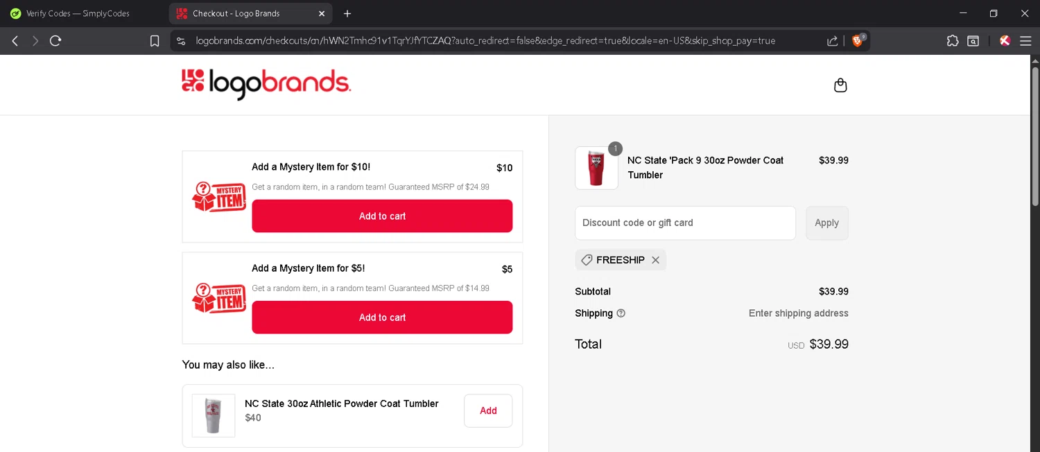 Logo Brands promo code screenshot showing code FREESHIP applied at Logo Brands checkout page. Uploaded by SimplyCodes community member JosephStevens774 on Sep 1, 2025