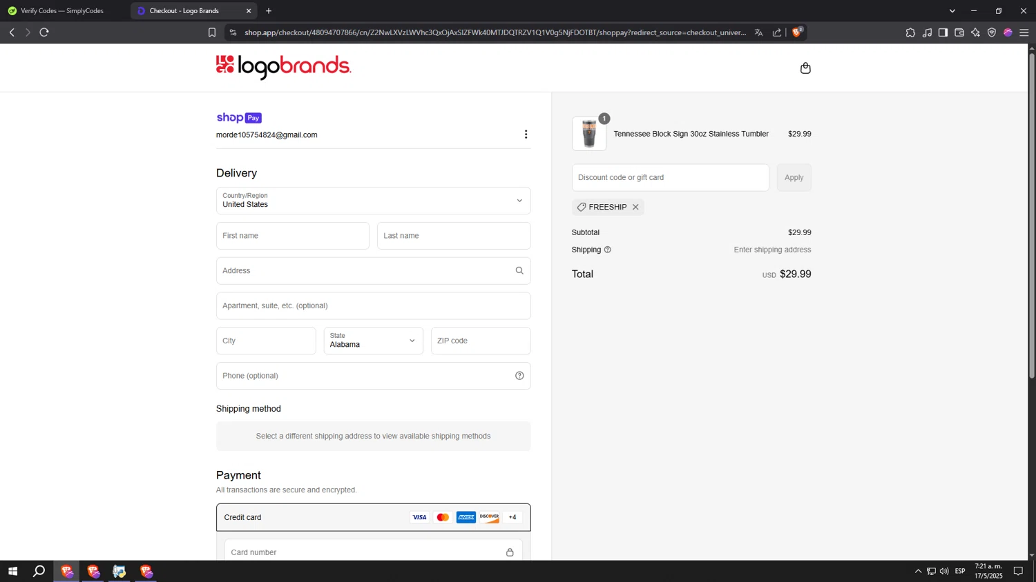 Logo Brands promo code screenshot showing code FREESHIP applied at Logo Brands checkout page. Uploaded by SimplyCodes community member kkkkkkkkkkkkkkkkkkkk on May 17, 2025