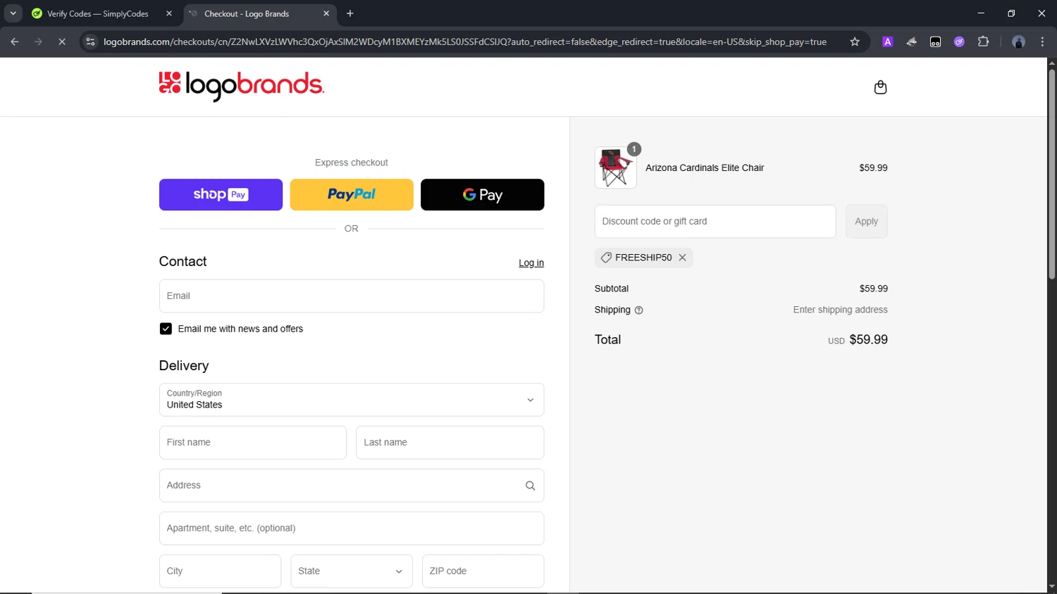 Logo Brands promo code screenshot showing code FREESHIP50 applied at Logo Brands checkout page. Uploaded by SimplyCodes community member Time_sin_filtro on Apr 19, 2025