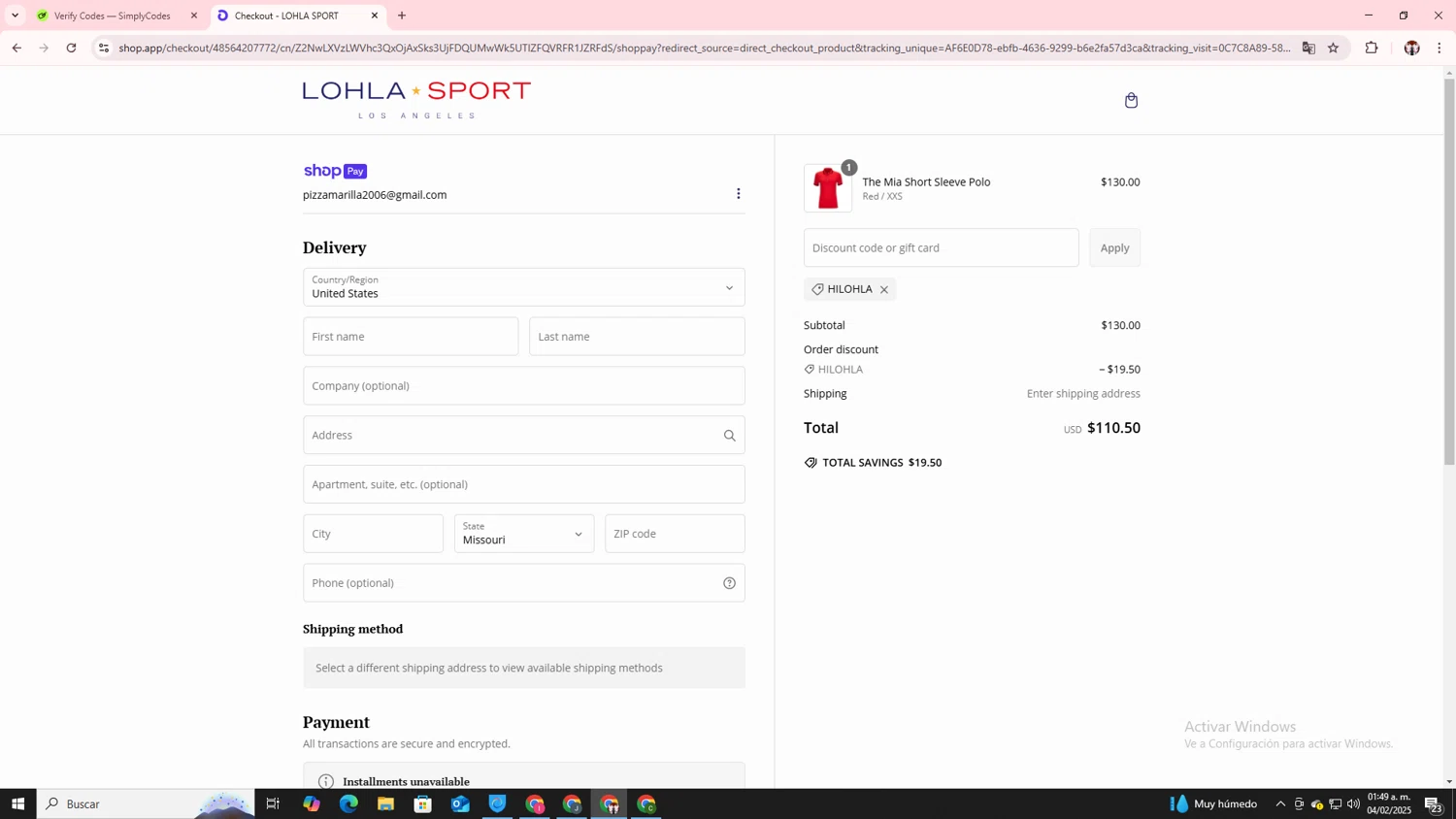 LOHLA Sport promo code screenshot showing code HILOHLA applied at LOHLA Sport checkout page. Uploaded by SimplyCodes community member Salometta on Feb 4, 2025
