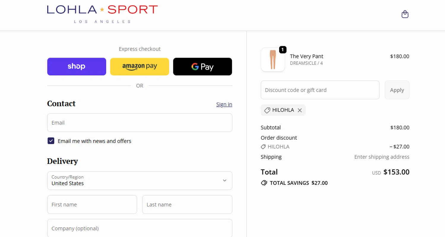 LOHLA Sport promo code screenshot showing code HILOHLA applied at LOHLA Sport checkout page. Uploaded by SimplyCodes community member SavvyLegend1586 on Oct 16, 2025