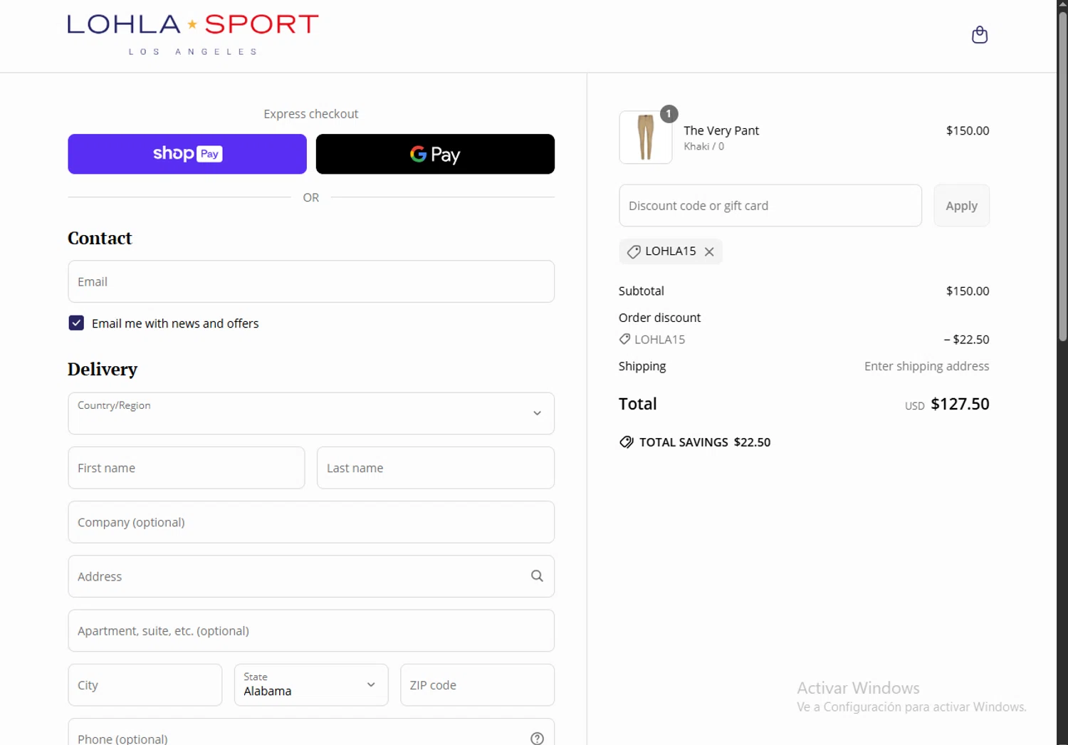 LOHLA Sport promo code screenshot showing code LOHLA15 applied at LOHLA Sport checkout page. Uploaded by SimplyCodes community member MagnificentTitan8616 on Jun 19, 2025