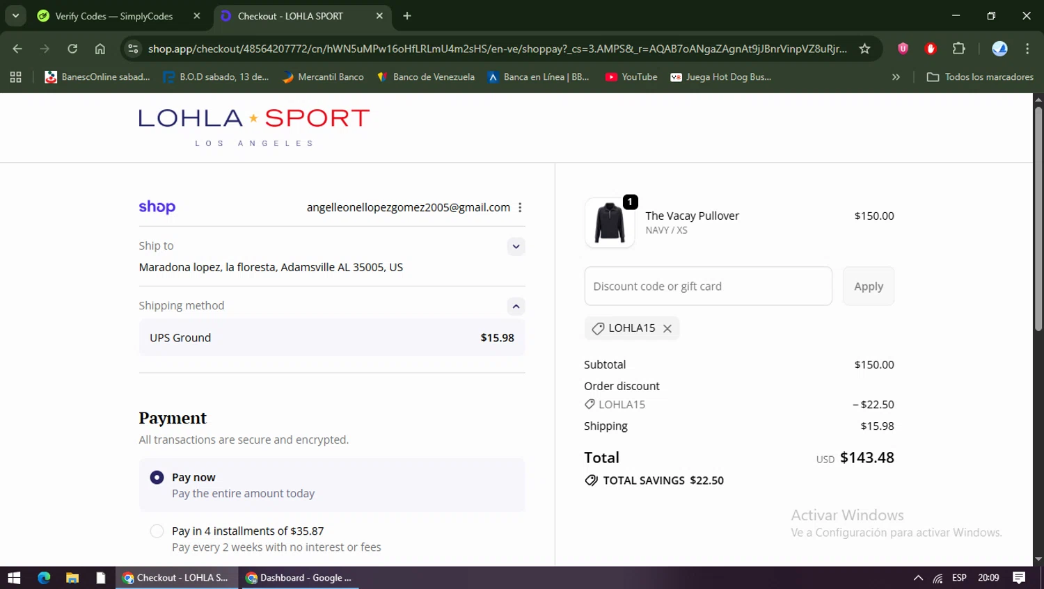 LOHLA Sport promo code screenshot showing code LOHLA15 applied at LOHLA Sport checkout page. Uploaded by SimplyCodes community member TreasureShopper9156 on Dec 1, 2025