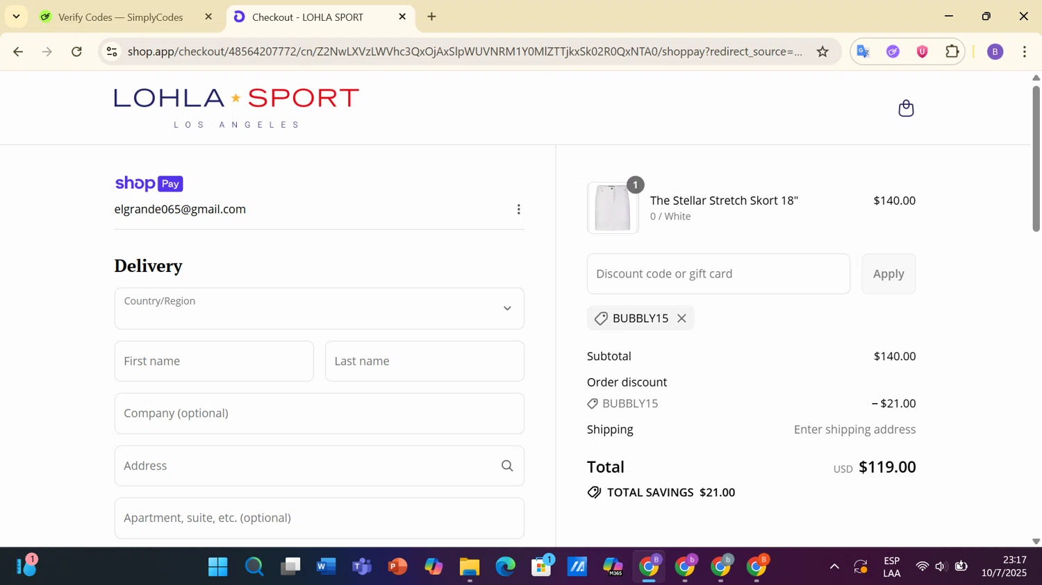 LOHLA Sport promo code screenshot showing code BUBBLY15 applied at LOHLA Sport checkout page. Uploaded by SimplyCodes community member BargainCurator1325 on Jul 11, 2025