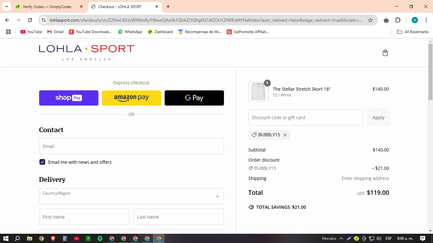 LOHLA Sport promo code screenshot showing code BUBBLY15 applied at LOHLA Sport checkout page. Uploaded by SimplyCodes community member MACHINEv1 on Feb 22, 2025