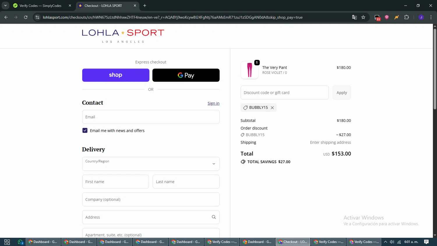 LOHLA Sport promo code screenshot showing code BUBBLY15 applied at LOHLA Sport checkout page. Uploaded by SimplyCodes community member WiseMaven9968 on Dec 6, 2025