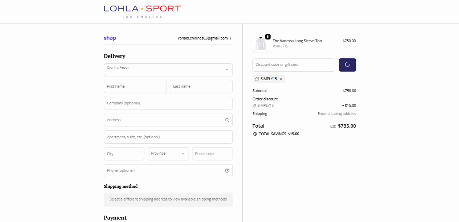 LOHLA Sport promo code screenshot showing code SIMPLY15 applied at LOHLA Sport checkout page. Uploaded by SimplyCodes community member FortunateElite5130 on Sep 30, 2025