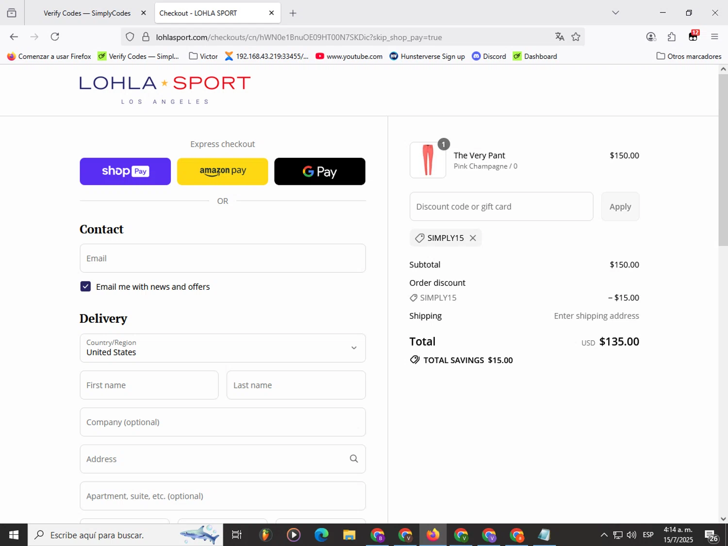 LOHLA Sport promo code screenshot showing code SIMPLY15 applied at LOHLA Sport checkout page. Uploaded by SimplyCodes community member Garou_Y2K on Jul 15, 2025