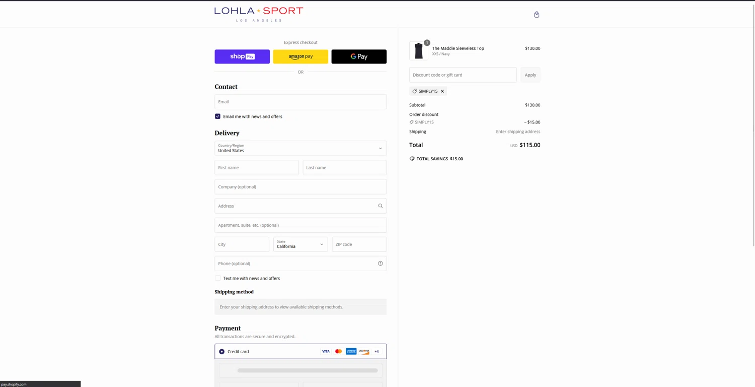 LOHLA Sport promo code screenshot showing code SIMPLY15 applied at LOHLA Sport checkout page. Uploaded by SimplyCodes community member bluemoony on Feb 15, 2025