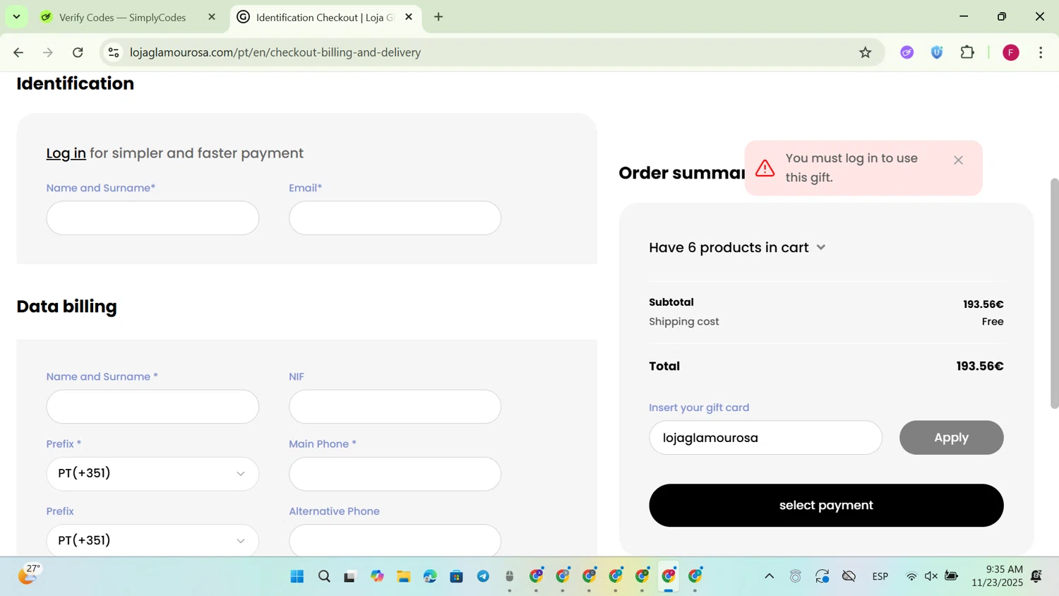 Loja Glamourosa discount code screenshot showing code lojaglamourosa applied at Loja Glamourosa checkout page. Uploaded by SimplyCodes community member PennyMonarch581 on Nov 23, 2025