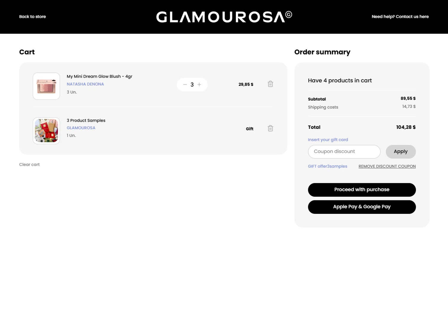 Loja Glamourosa discount code screenshot showing code offer3samples applied at Loja Glamourosa checkout page. Uploaded by SimplyCodes community member GoldPhoenix3793 on Jul 7, 2025