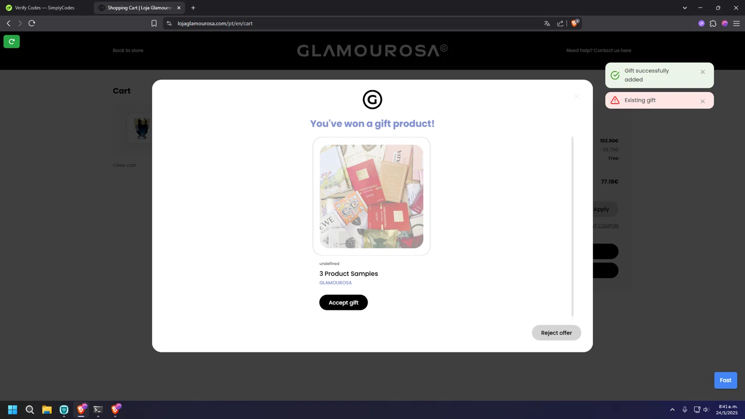 Loja Glamourosa discount code screenshot showing code offer3samples applied at Loja Glamourosa checkout page. Uploaded by SimplyCodes community member MRYORMAN on May 24, 2025