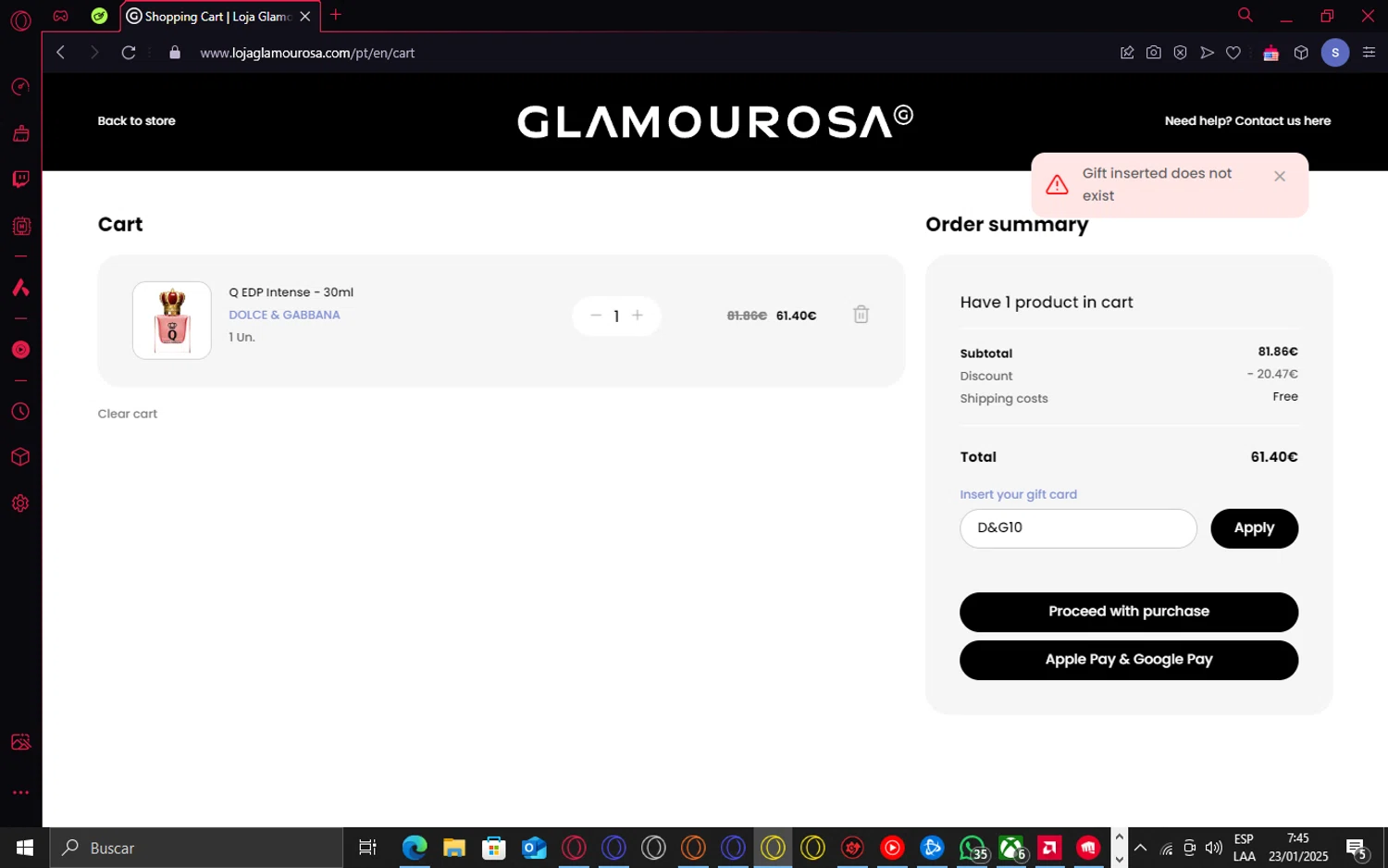 Loja Glamourosa discount code screenshot showing code D&G10 applied at Loja Glamourosa checkout page. Uploaded by SimplyCodes community member cajax_manda on Jan 23, 2025
