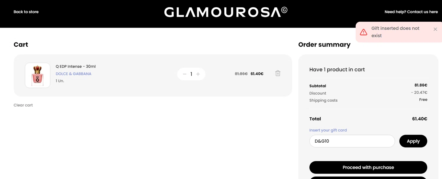 Loja Glamourosa discount code screenshot showing code D&G10 applied at Loja Glamourosa checkout page. Uploaded by SimplyCodes community member enzoonova on Mar 3, 2025