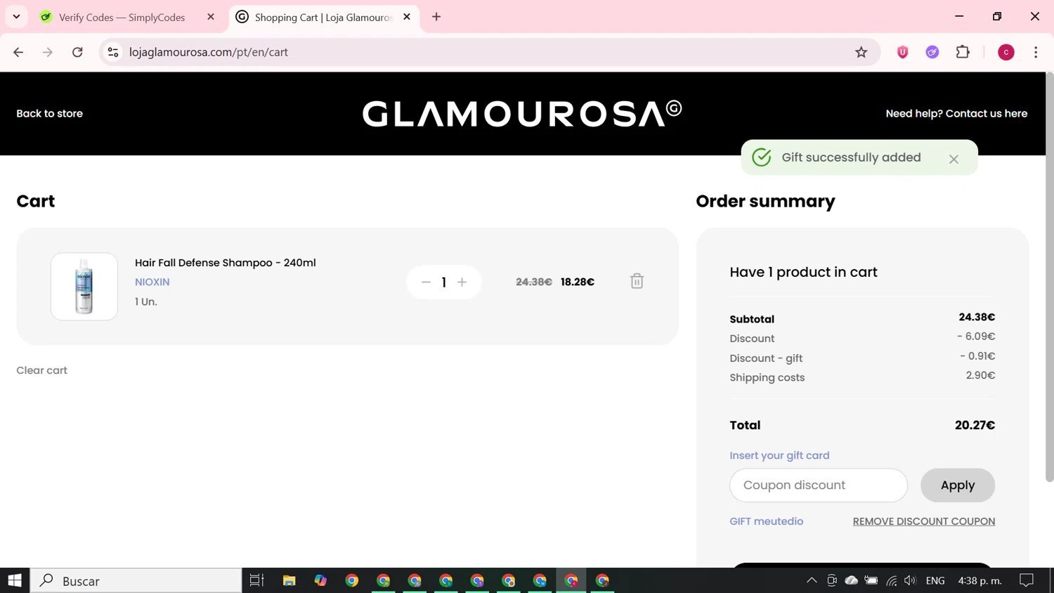 Loja Glamourosa discount code screenshot showing code MEUTEDIO applied at Loja Glamourosa checkout page. Uploaded by SimplyCodes community member RewardElite5744 on Oct 23, 2025