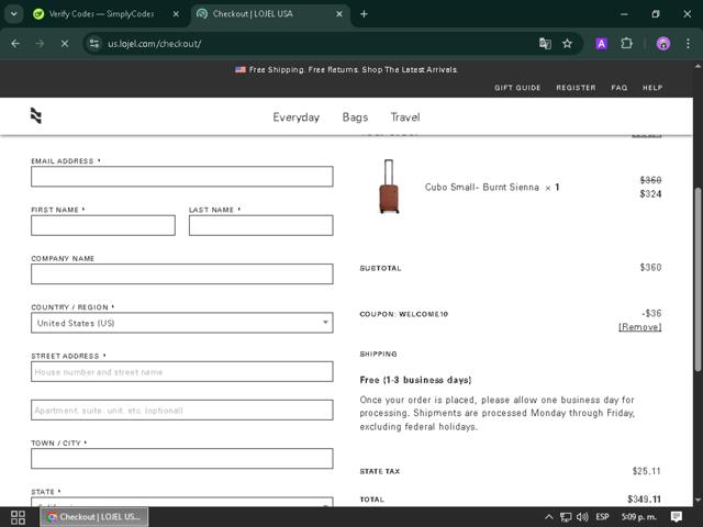 LOJEL checkout page showing LOJEL coupon code box | Screenshot taken by SimplyCodes community member on May 8, 2025