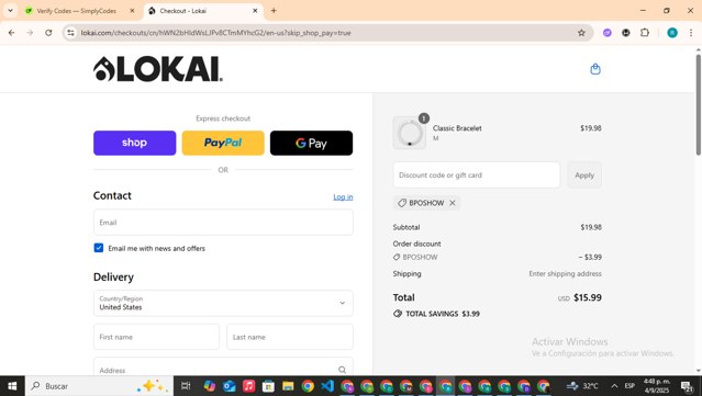 Lokai checkout page showing Lokai discount code box | Screenshot taken by SimplyCodes community member on Sep 4, 2025