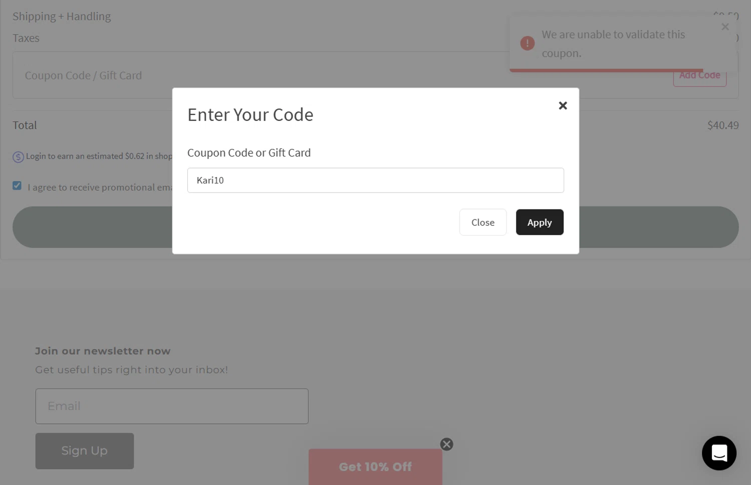Lola Monroe coupon code screenshot showing code Kari10 applied at Lola Monroe checkout page. Uploaded by SimplyCodes community member Rossimar on Dec 4, 2025