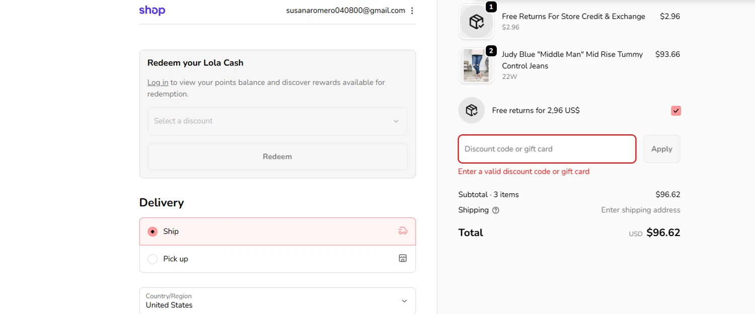 Lola Monroe coupon code screenshot showing code Kari10 applied at Lola Monroe checkout page. Uploaded by SimplyCodes community member joanromero on Dec 4, 2025