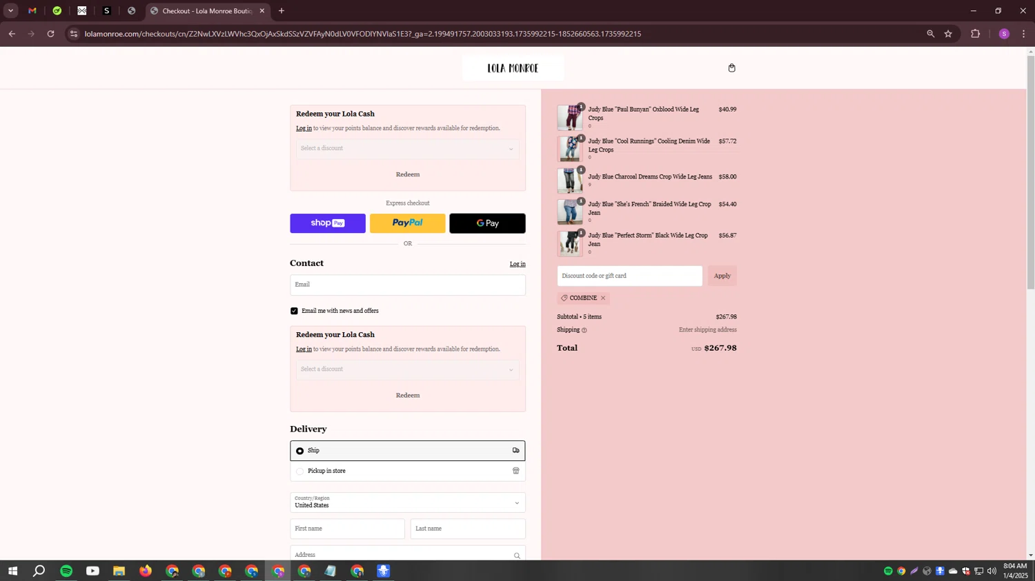 Lola Monroe coupon code screenshot showing code COMBINE applied at Lola Monroe checkout page. Uploaded by SimplyCodes community member tinkle_tinkle on Jan 4, 2025