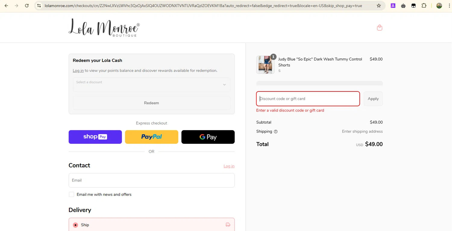 Lola Monroe coupon code screenshot showing code SNOW applied at Lola Monroe checkout page. Uploaded by SimplyCodes community member Samugl21 on May 2, 2025