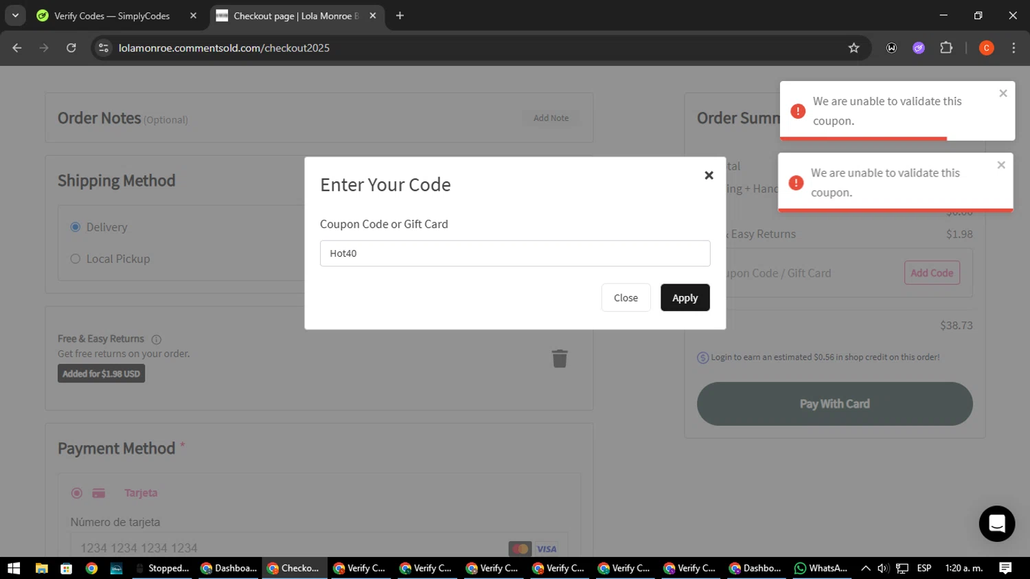 Lola Monroe coupon code screenshot showing code Hot40 applied at Lola Monroe checkout page. Uploaded by SimplyCodes community member NatanaelCano on Jun 21, 2025