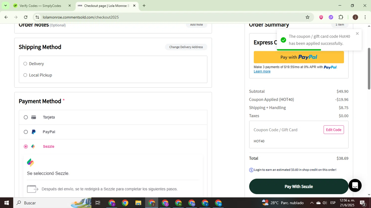 Lola Monroe coupon code screenshot showing code Hot40 applied at Lola Monroe checkout page. Uploaded by SimplyCodes community member WonderEagle9833 on Jun 21, 2025