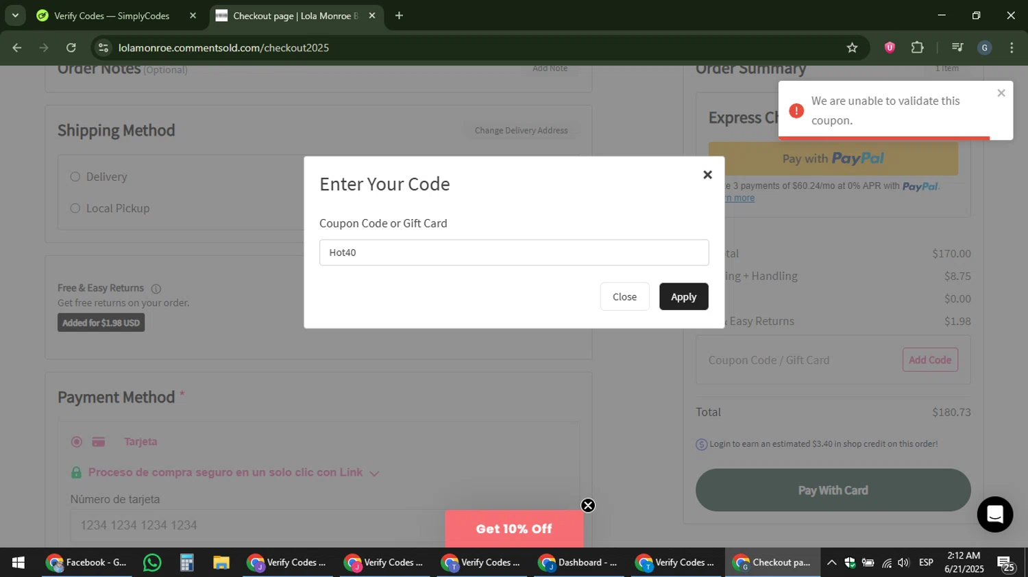 Lola Monroe coupon code screenshot showing code Hot40 applied at Lola Monroe checkout page. Uploaded by SimplyCodes community member gabinharris55 on Jun 21, 2025