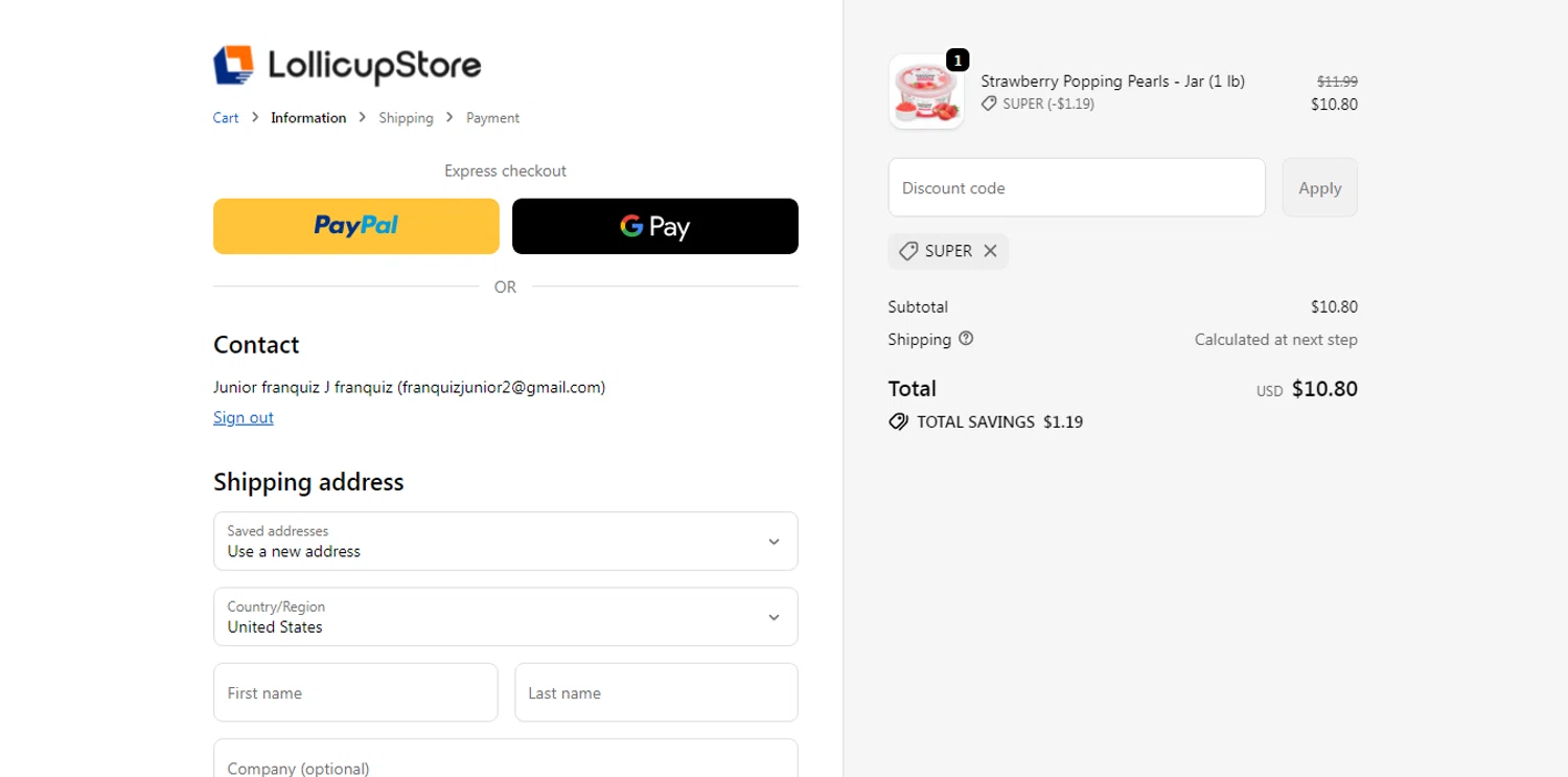 LollicupStore promo code screenshot showing code SUPER applied at LollicupStore checkout page. Uploaded by SimplyCodes community member HUNTER1406 on Jan 29, 2026