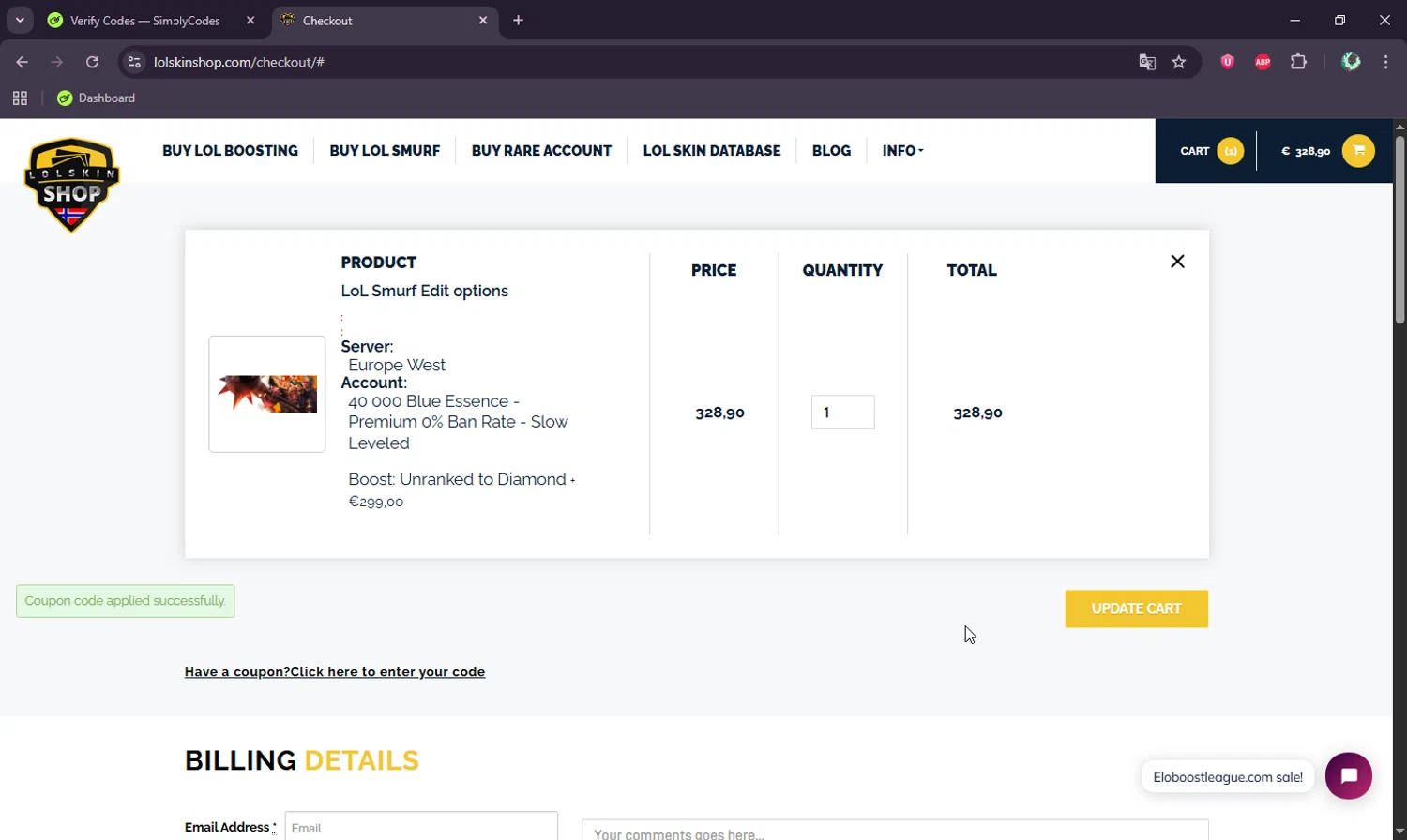 Lolskin Shop promo code screenshot showing code LSS applied at Lolskin Shop checkout page. Uploaded by SimplyCodes community member BudgetWizard6950 on Sep 14, 2025