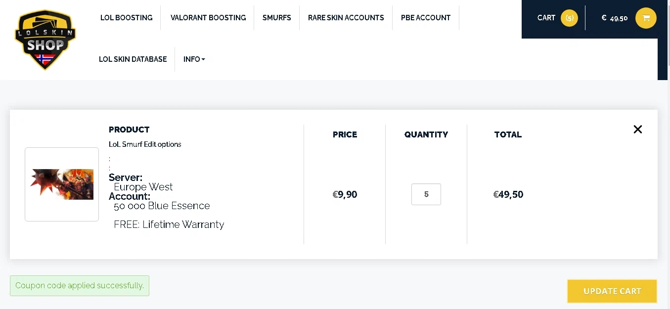 Lolskin Shop checkout page showing Lolskin Shop promo code box | Screenshot taken by SimplyCodes community member on May 12, 2023
