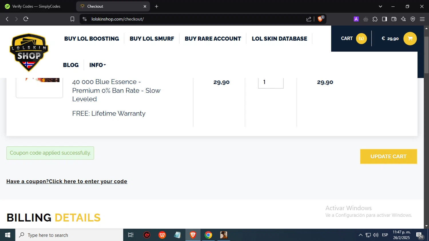Lolskin Shop promo code screenshot showing code LSS applied at Lolskin Shop checkout page. Uploaded by SimplyCodes community member Juliocesar27 on Feb 27, 2025