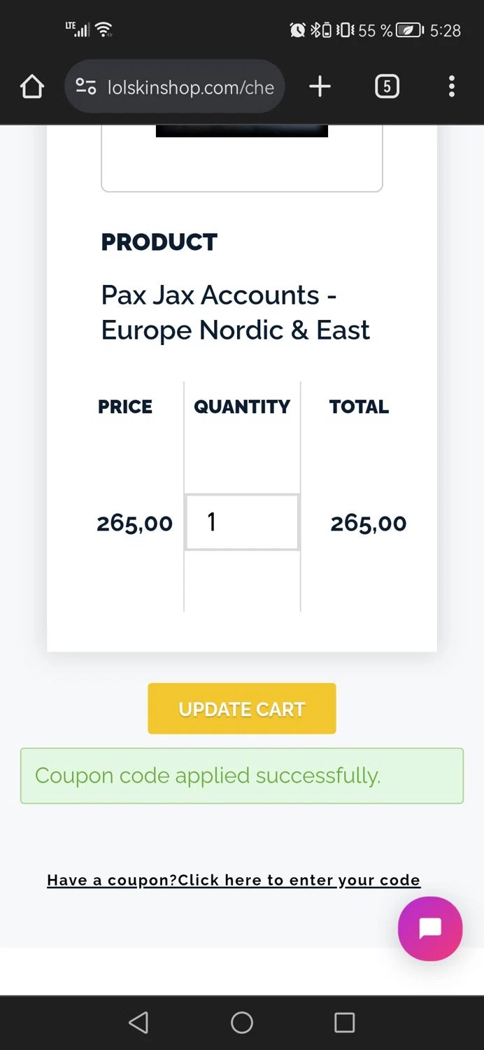 Lolskin Shop checkout page showing Lolskin Shop promo code box | Screenshot taken by SimplyCodes community member on Apr 5, 2024