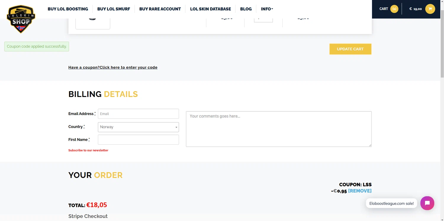 Lolskin Shop checkout page showing Lolskin Shop promo code box | Screenshot taken by SimplyCodes community member on Nov 21, 2024