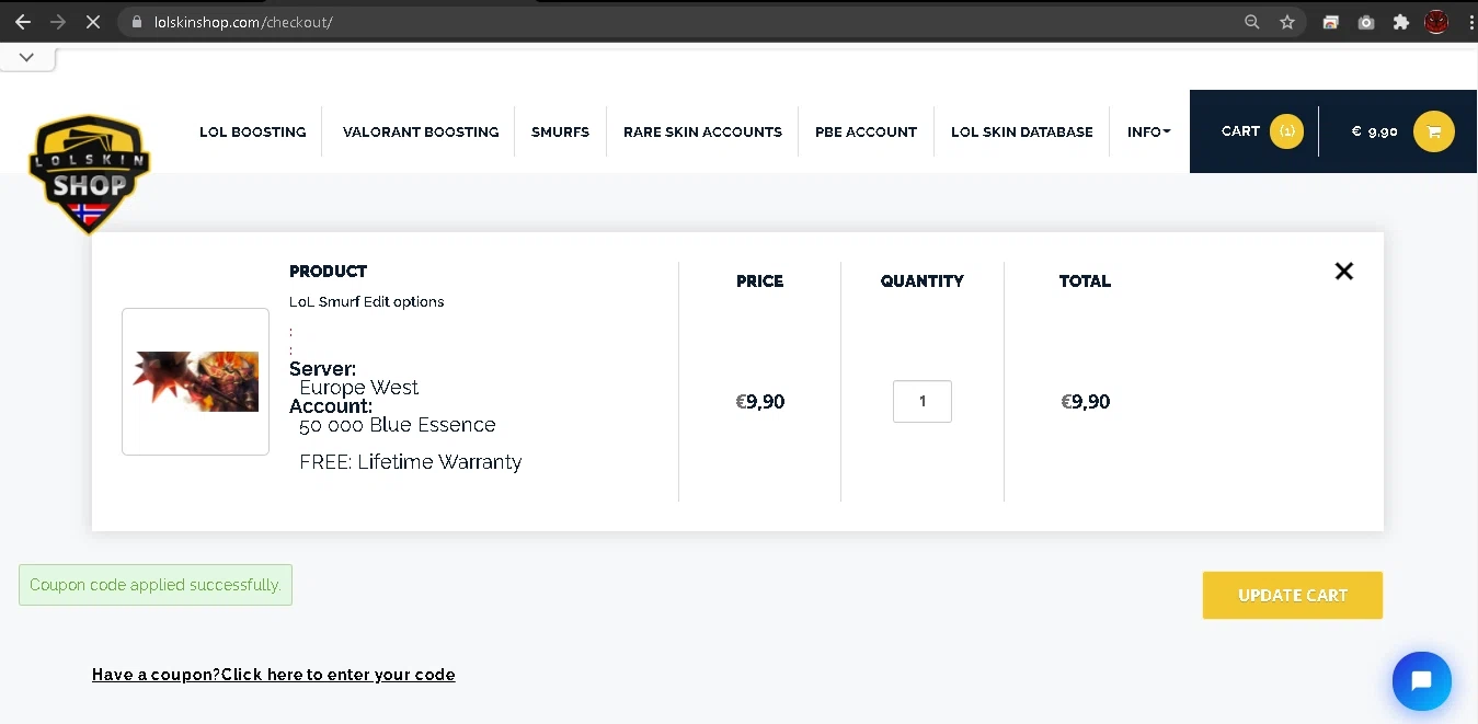 Lolskin Shop checkout page showing Lolskin Shop promo code box | Screenshot taken by SimplyCodes community member on Oct 20, 2021