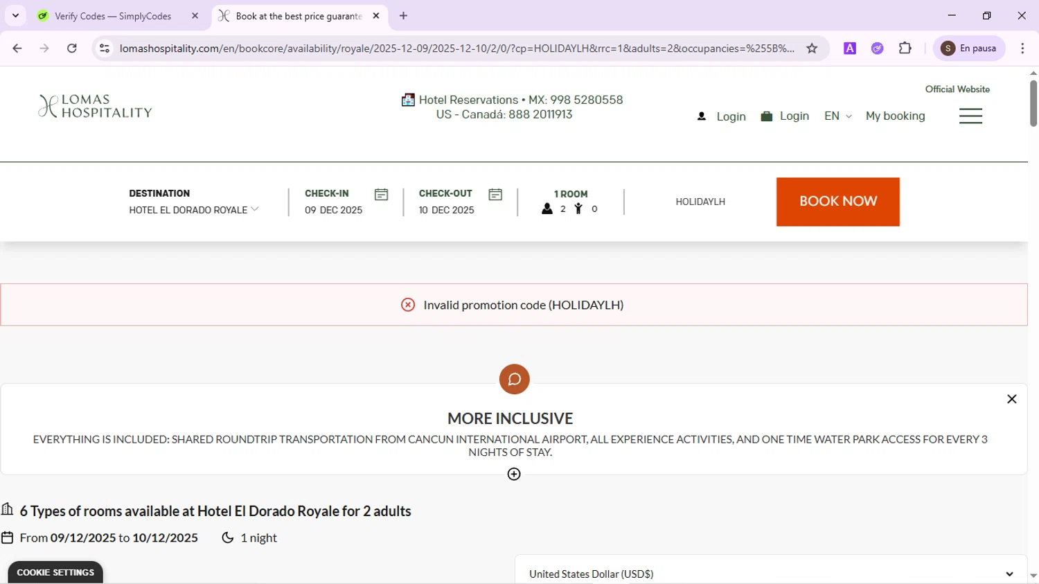 Lomas Hospitality promo code screenshot showing code HOLIDAYLH applied at Lomas Hospitality checkout page. Uploaded by SimplyCodes community member QuestPhoenix2794 on Dec 9, 2025