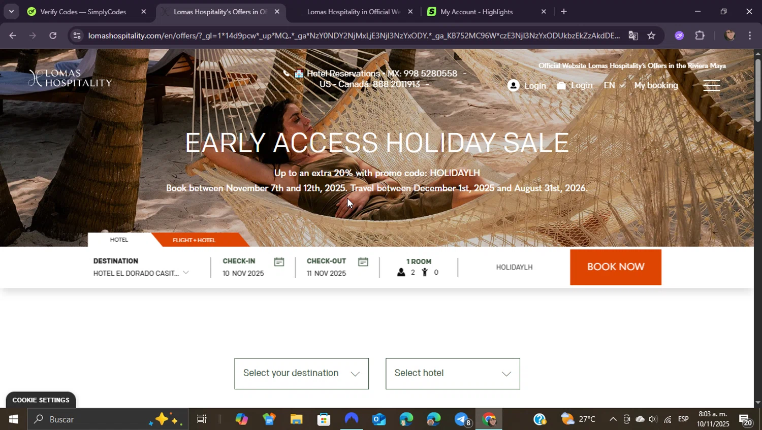 Lomas Hospitality promo code screenshot showing code HOLIDAYLH applied at Lomas Hospitality checkout page. Uploaded by SimplyCodes community member ShieldEagle9436 on Nov 10, 2025